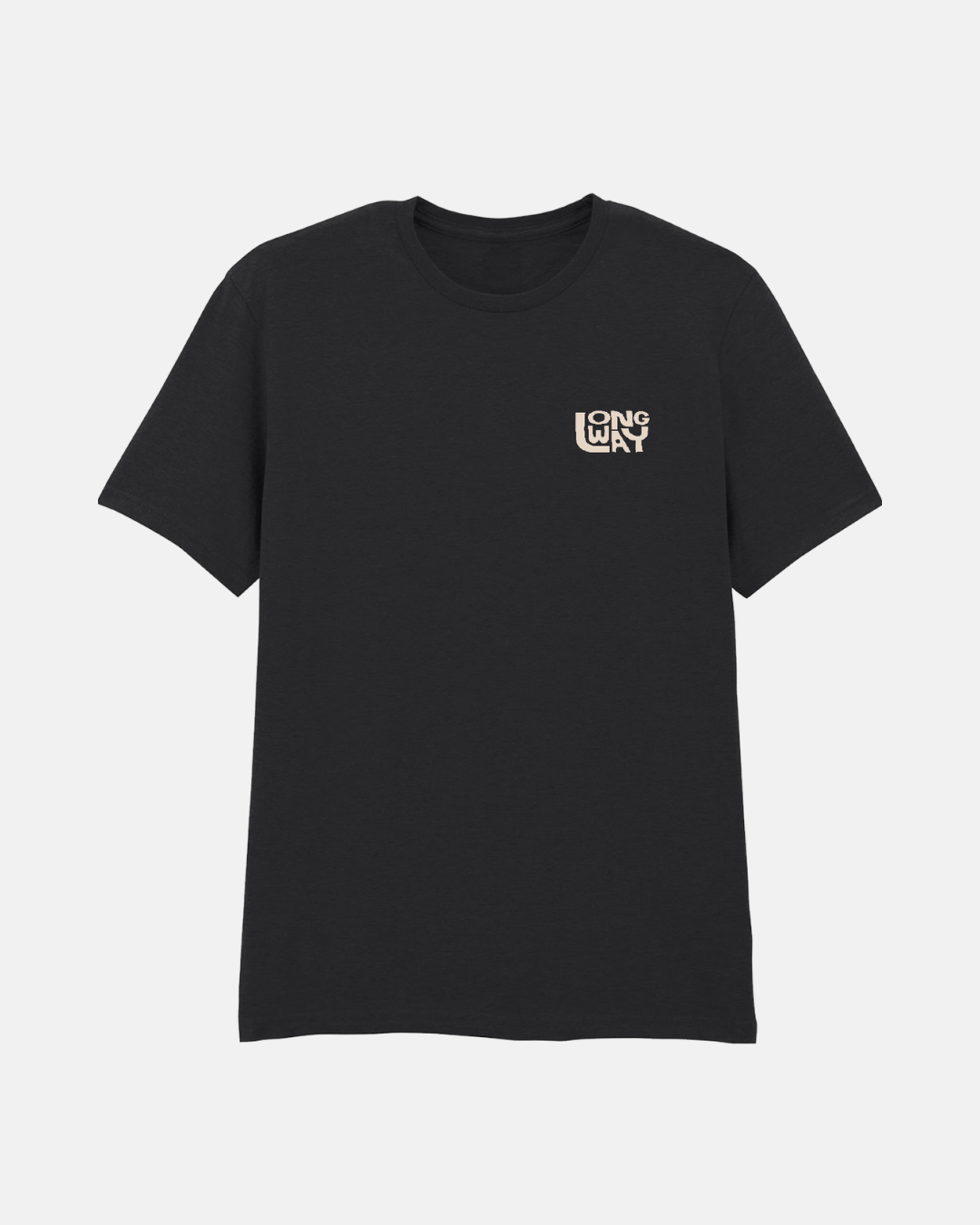The Long Way Sun Mountain Standard T-Shirt by Long Way Shop is a plain black tee made from soft combed ringspun cotton, featuring a small white "LONG WAY" graphic in bold, stacked letters on the left chest.