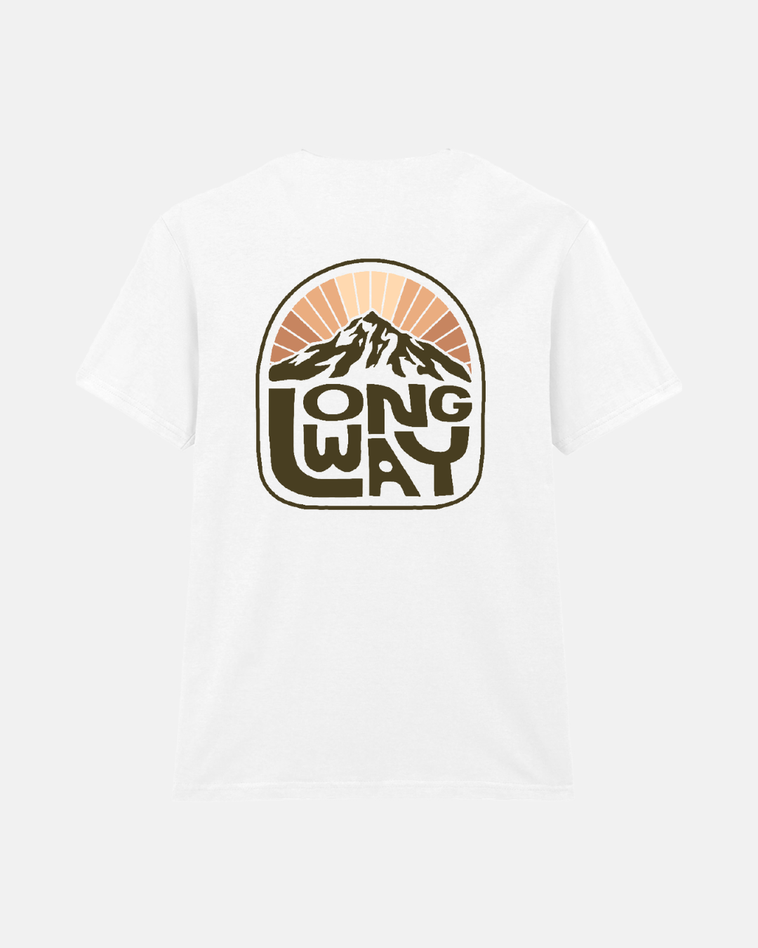 The Long Way Shop’s Long Way Sun Mountain V-Neck T-shirt is made from soft ringspun cotton and features a bold sunrise and mountain “LONG WAY” graphic on the back in an arch-shaped frame.
