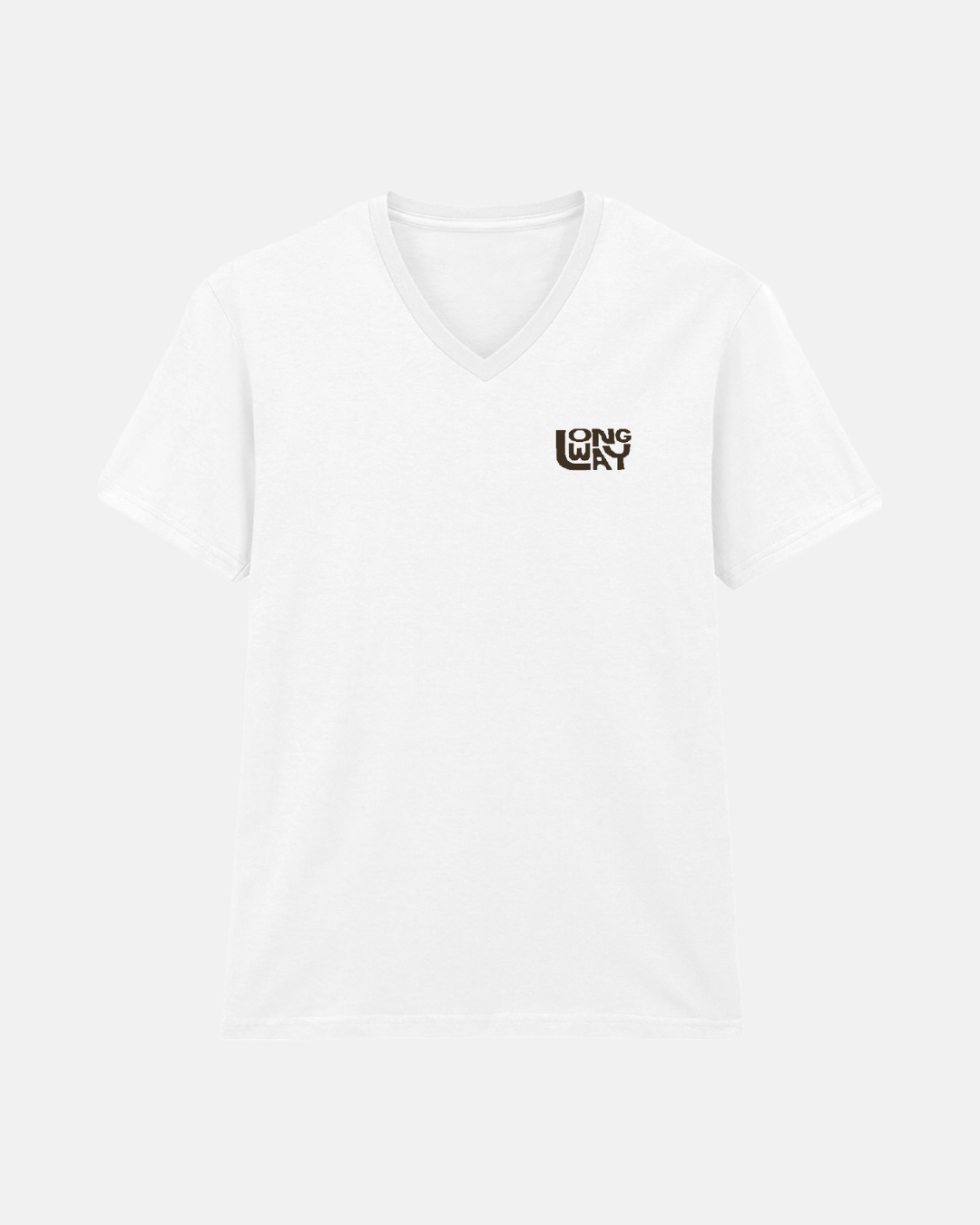 The Long Way Shop Sun Mountain V-Neck T-shirt features soft ringspun cotton, a small black and gold Sun Mountain logo on the left chest, and is shown against a plain light gray background.