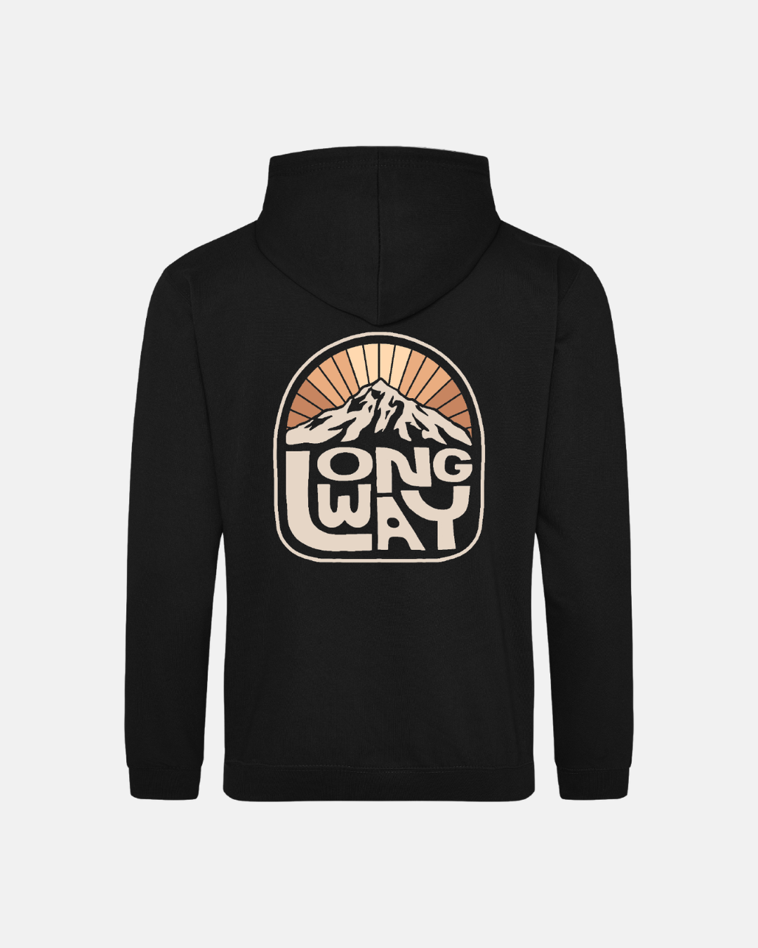 The Long Way Sun Mountain Zip Hoodie from Long Way Shop features a large back graphic with a stylized mountain, sun rays, and bold "LONG WAY" retro lettering.