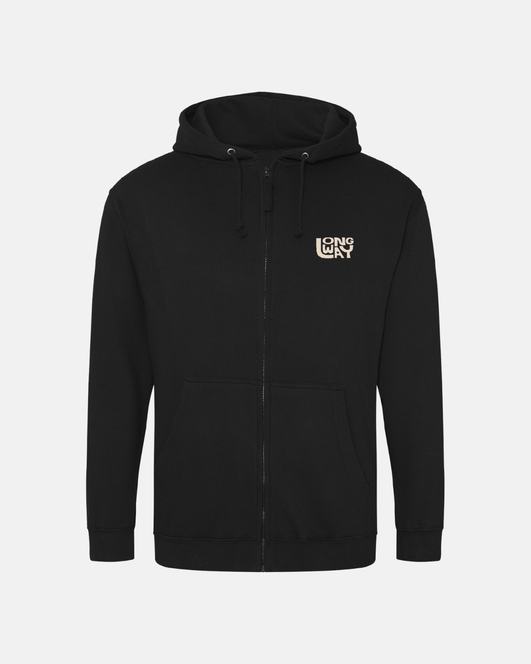 The Long Way Sun Mountain Zip Hoodie by Long Way Shop is a black ringspun cotton hoodie with a hood, drawstrings, front pockets, and a small white LONG WAY logo on the left chest—the perfect scenic route layer.