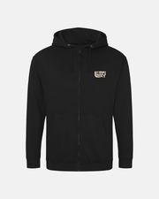 The Long Way Sun Mountain Zip Hoodie by Long Way Shop is a black ringspun cotton hoodie with a hood, drawstrings, front pockets, and a small white LONG WAY logo on the left chest—the perfect scenic route layer.
