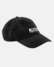 A Black Dad Cap by Long Way Shop featuring LONG way home in white on the front left, shown against a plain light gray background.