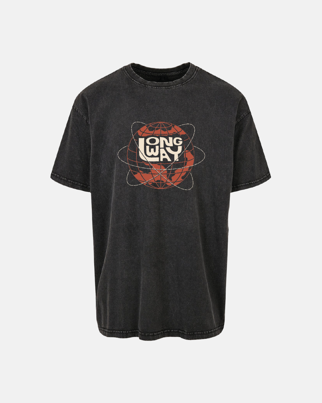 Black t-shirt with a graphic design on a white background