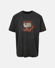 Black t-shirt with a graphic design on a white background