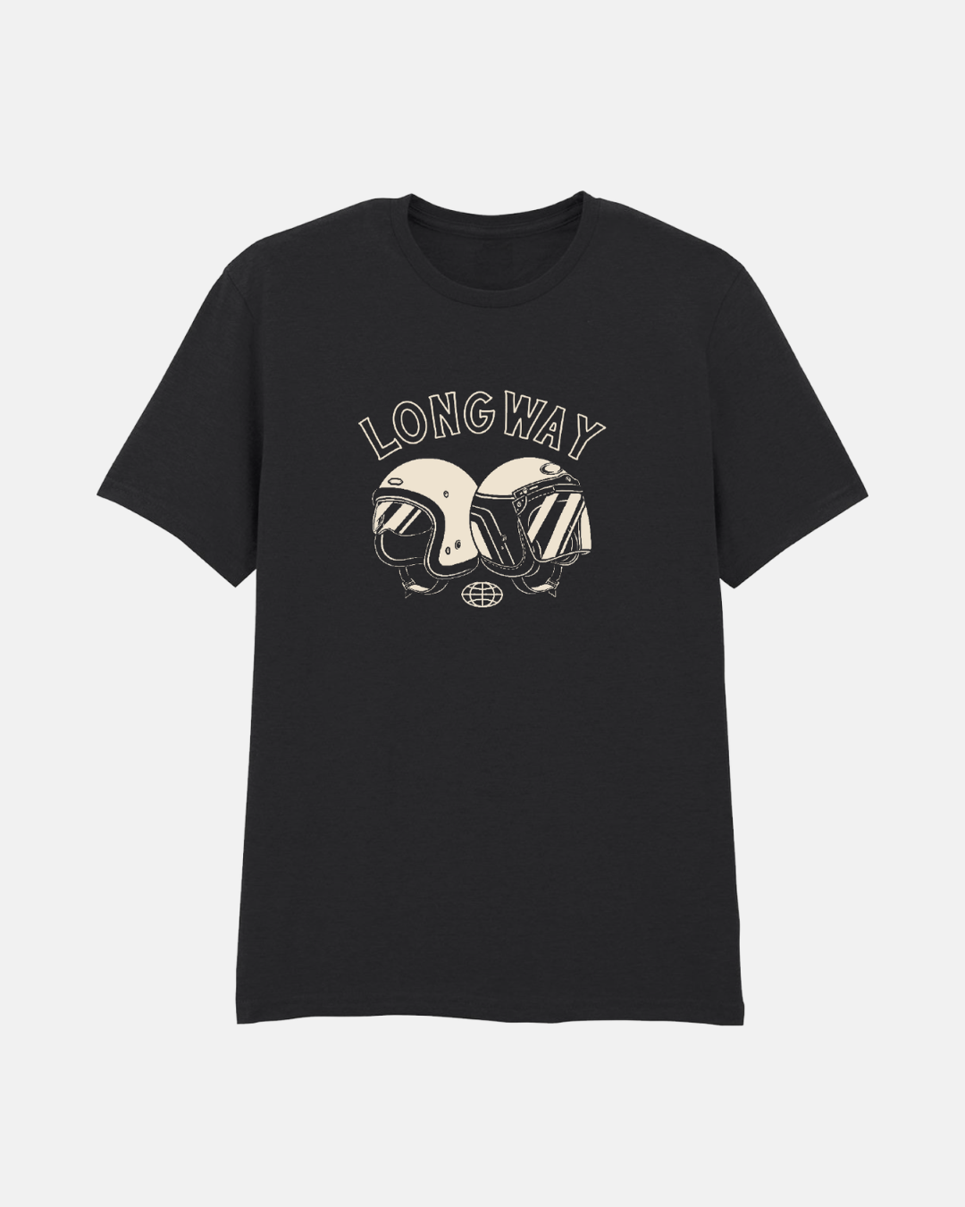 The Long Way Shop's Long Way Helmet Black Standard T-Shirt features two motorcycle helmets side by side and "LONGWAY" above them, crafted from 100% combed ringspun cotton for comfort and signature style.