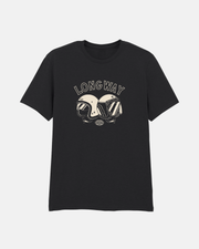 The Long Way Shop's Long Way Helmet Black Standard T-Shirt features two motorcycle helmets side by side and "LONGWAY" above them, crafted from 100% combed ringspun cotton for comfort and signature style.