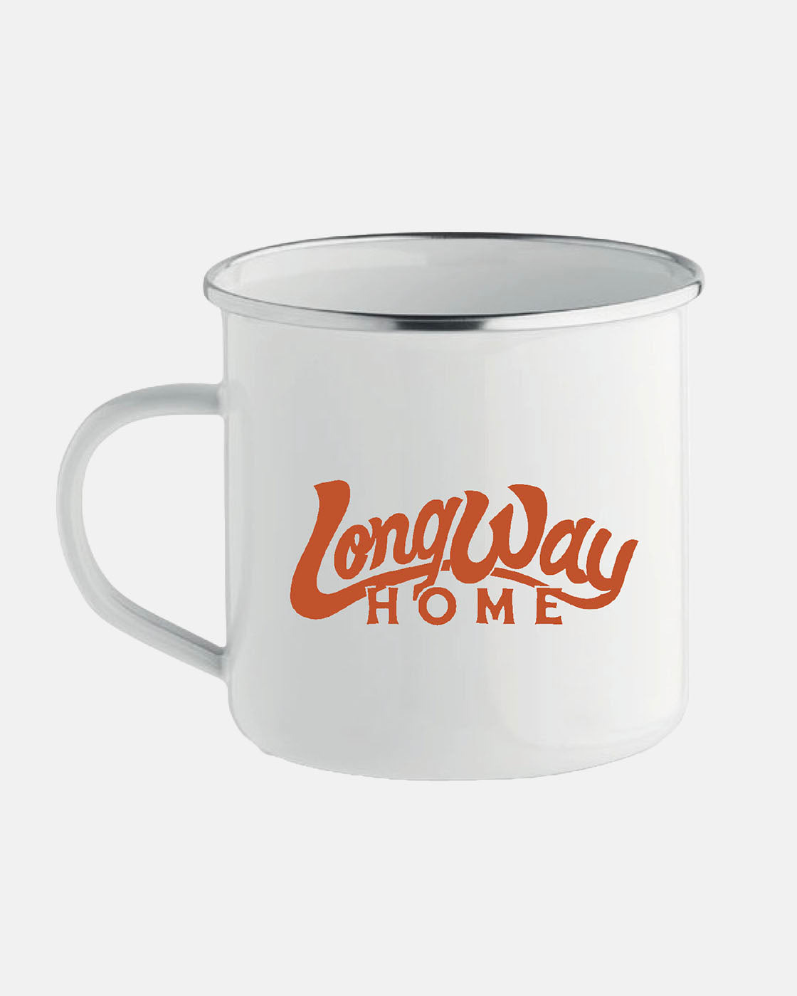 The Tin Mug by Long Way Shop is a white enamel mug with a silver rim, featuring Long Way Home in bold orange retro lettering on the front.