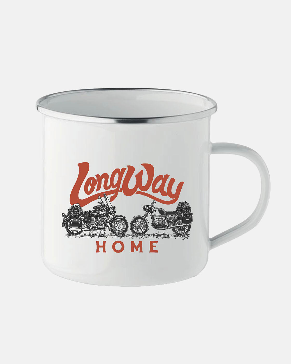 The Long Way Shop Tin Mug is a white enamel mug with a silver rim, decorated with vintage motorcycle illustrations and bold red and black Long Way Home text.