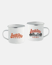 Set of two Long Way Shop Tin Mugs: one features an orange Long Way Home logo, the other has the same logo above two illustrated motorcycles. Both mugs have silver rims and white handles.