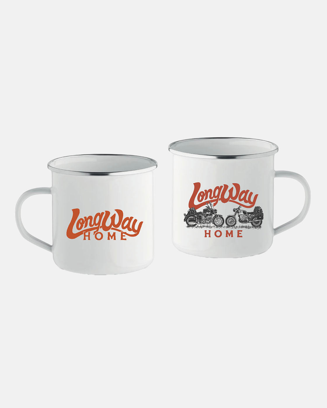 Set of two Long Way Shop Tin Mugs: one features an orange Long Way Home logo, the other has the same logo above two illustrated motorcycles. Both mugs have silver rims and white handles.