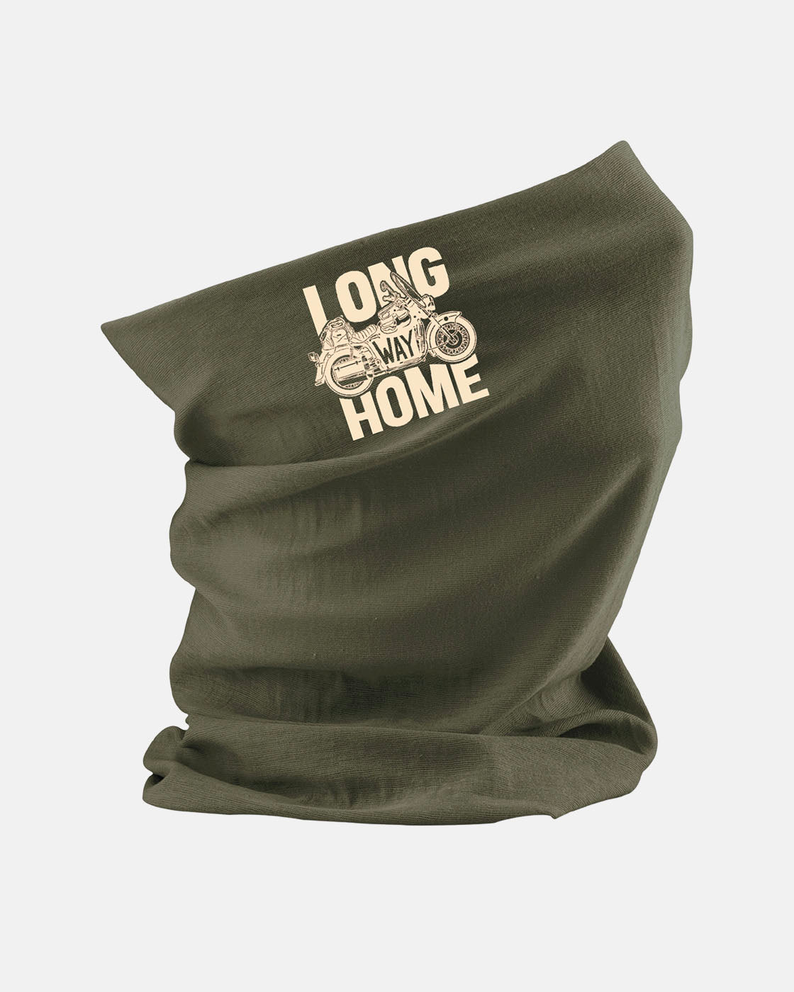 The Long Way Shop Neck Morf is an olive green neck gaiter with a motorcycle graphic and LONG WAY HOME in white on the front.