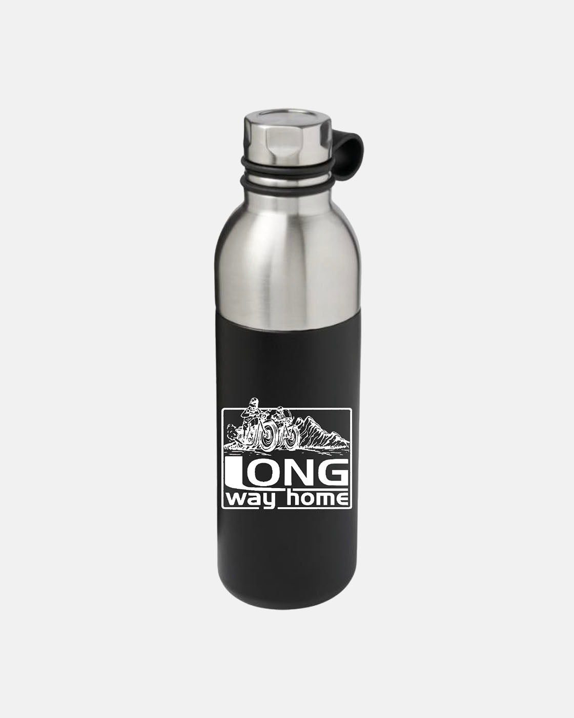 The Waterbottle by Long Way Shop features a stainless steel body, a black lower half, and a logo with a bicycle and mountains above the words LONG way home.