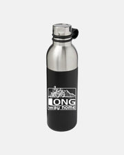 The Waterbottle by Long Way Shop features a stainless steel body, a black lower half, and a logo with a bicycle and mountains above the words LONG way home.